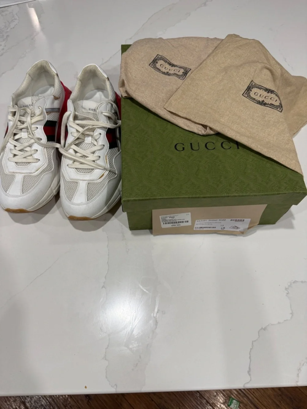 Authentic Gucci White Mesh & Leather Men’s Sneakers with Red and Green Accent